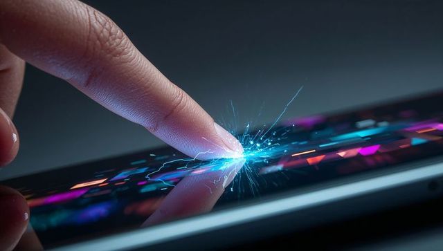 Touching fingertip creating electric blue spark on touchscreen with glossy neon reflection
