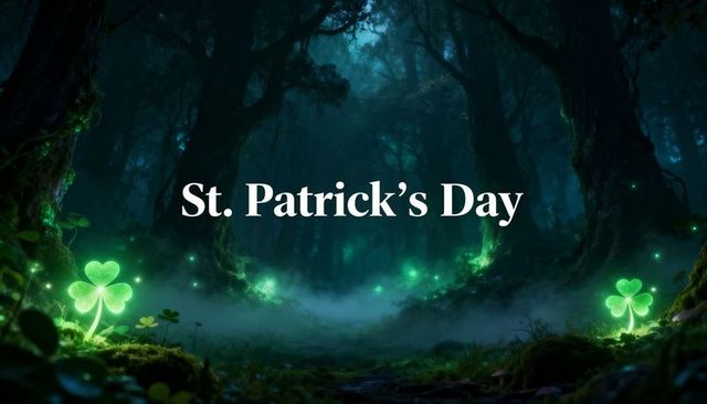 Enchanted bioluminescent forest glowing with shamrocks for st patrick's day banner web header