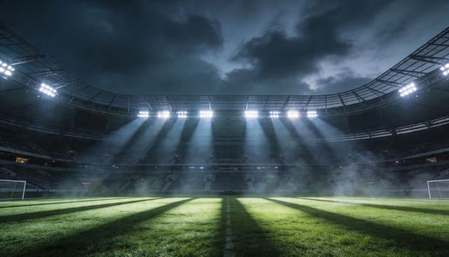 Dramatic stadium lights illuminating foggy football pitch, casting long shadow bands