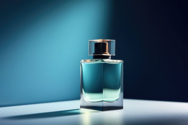 Elegant perfume bottle containing blue liquid, shown under dramatic lighting. Ideal for advertisements, branding, and packaging design projects in the beauty and fragrance industry. Excellent for use in marketing materials for luxury and high-end cosmetic brands.