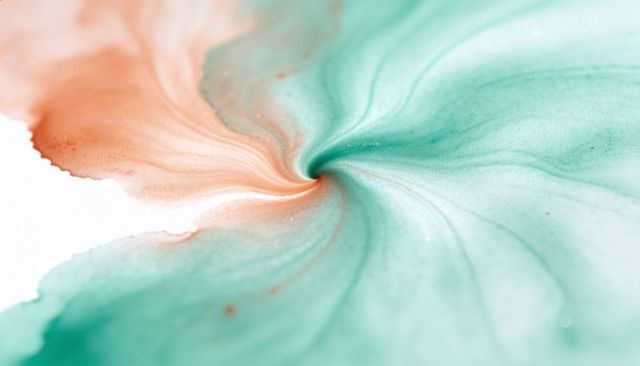 Turquoise coral ink swirl creating central vortex with metallic speckles and flow