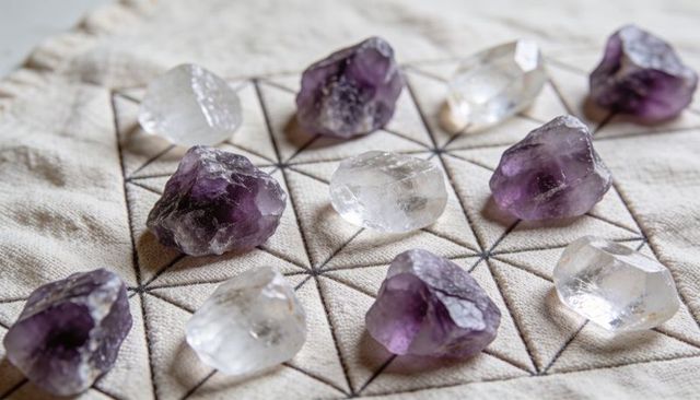 Arranging rough amethyst and clear quartz on triangle grid cloth for spiritual flatlay