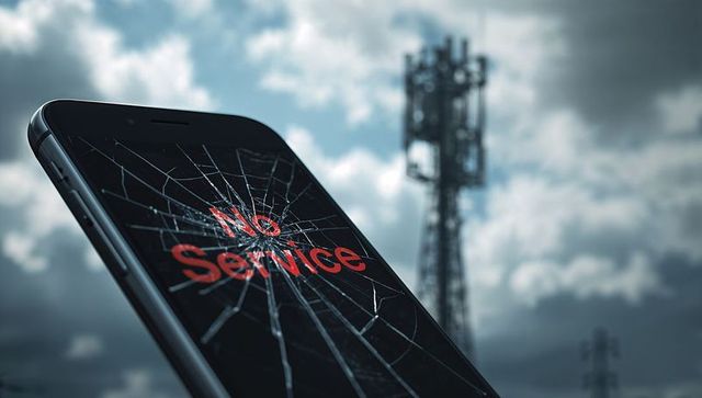 Cracked smartphone displaying no service message near cellular tower, outage concept