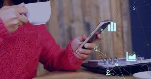 Woman Engaging Technology Checking Phone Hot Drink