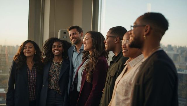 Diverse professional team standing by panoramic office windows with urban skyline at sunset