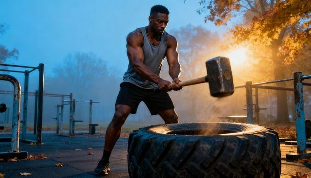 Swinging sledgehammer striking tractor tire at outdoor gym during misty autumn sunrise