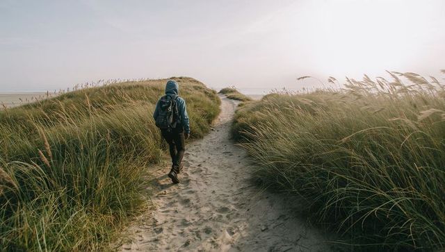 Lone hiker walking sandy dune path toward ocean horizon through tall beach grasses