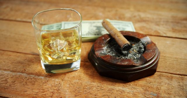 Glass of Whiskey, Cuban Cigar and Dollars on Wooden Table - Download Free Stock Images Pikwizard.com