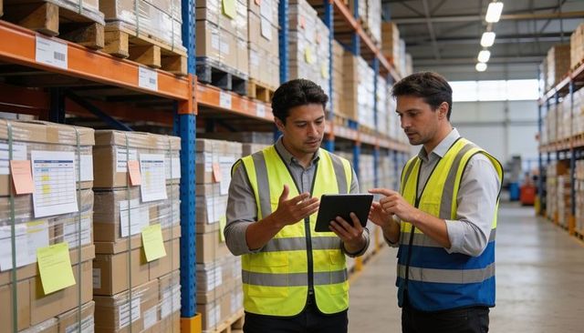 Warehouse managers using tablet for inventory control and logistics planning on pallet racks