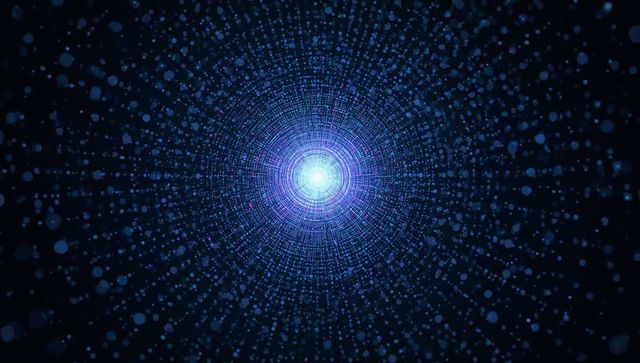 Glowing central node pulsing in data tunnel with concentric rings and floating particles