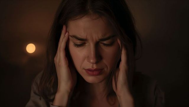 Woman holding temples furrowing brow experiencing headache in low light candlelit closeup intimate
