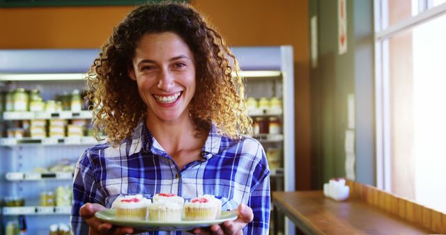 Smiling Woman Holding Plate of Cupcakes in Bakery - Download Free Stock Images Pikwizard.com