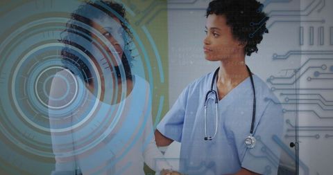 Nurse Holding Patient Hand with Futuristic Digital Healthcare Interface Telemedicine