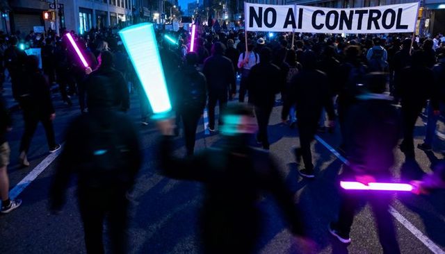 Night protest march holding NO AI CONTROL banner with neon LED batons and masked activists