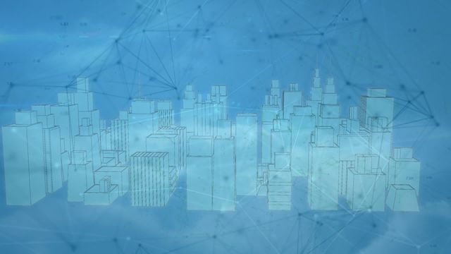 Digitally generated illustration featuring a network of connections overlaying a cityscape in blue tones. Ideal for representing the concepts of digital transformation, smart cities, urban planning, and modern technology. It can be used in technology presentations, futuristic city projects, or as a background for tech-related content.