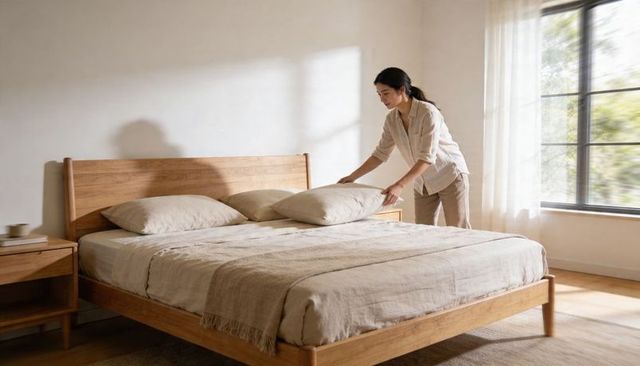 Woman making bed in minimalist neutral bedroom with linen bedding and natural light