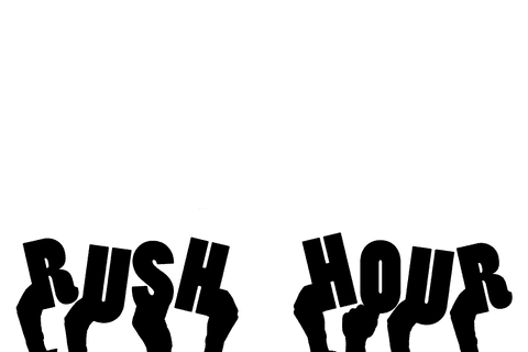 Rush hour text with traffic-themed hand icons on transparent