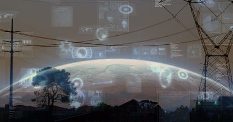 Futuristic Planetary Arc with Holographic Data Over Urban Skyline