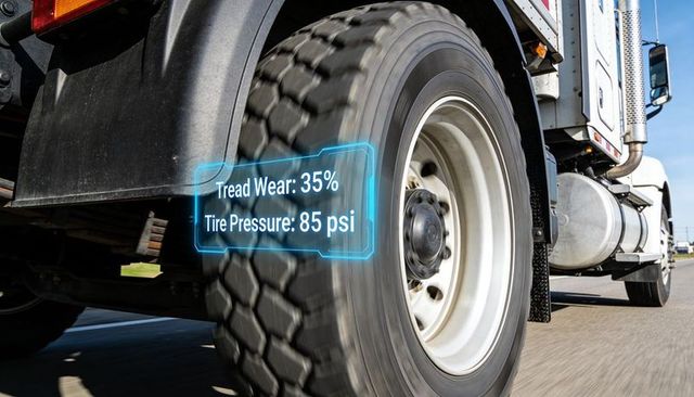 Smart fleet tire monitoring hud showing tread wear and pressure on moving truck wheel