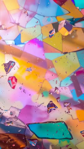 Vertical abstract crystal field panning revealing iridescent shards and droplets