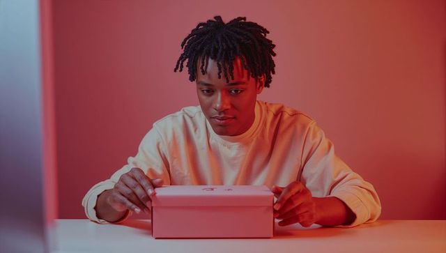 Man in creative pink lighting unboxing rectangular package