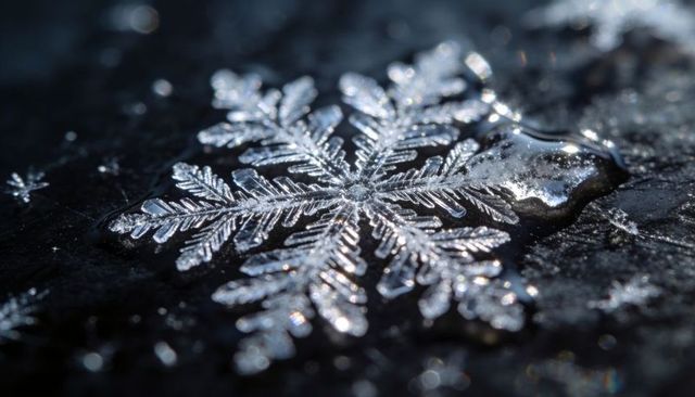 Glittering hexagonal snowflake resting and melting on dark wet surface macro closeup ice