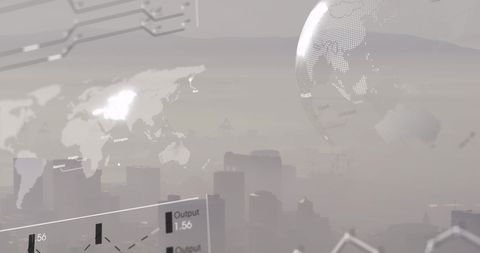 Digital Global Network Interface Overlaying Modern Cityscape