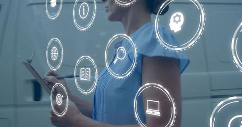 Female Inspector Holding Clipboard by Van with Augmented Reality Interface and Icons