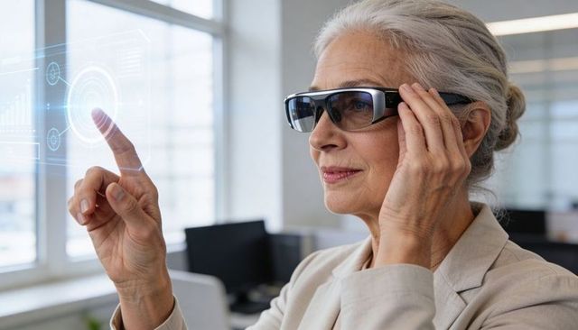 Senior executive wearing ar glasses interacting with holographic interface in modern office