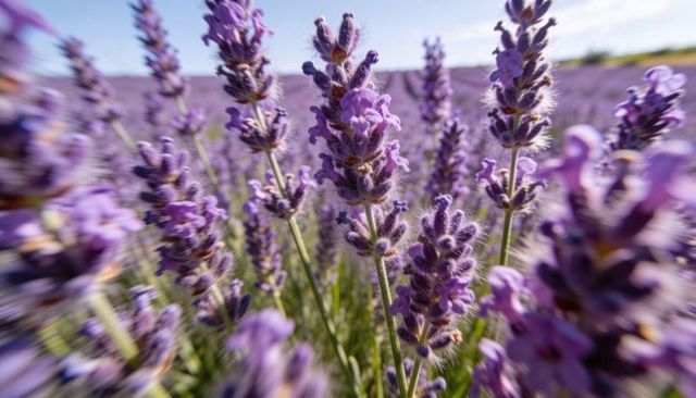 Macro lavender spike displaying soft hairs and purple blooms in sunlit rural field rows