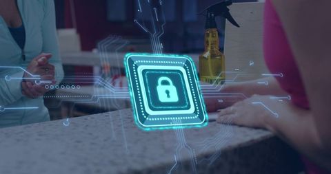Holographic Padlock Hovering Above Retail Counter with Circuit Interface, Contactless Security