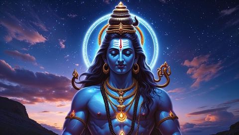 Sacred Meditating Deity at Dusk with Glowing Halo