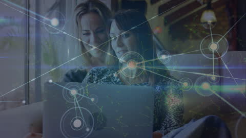 Couple Using Laptop Amidst Digital Network Interface Graph