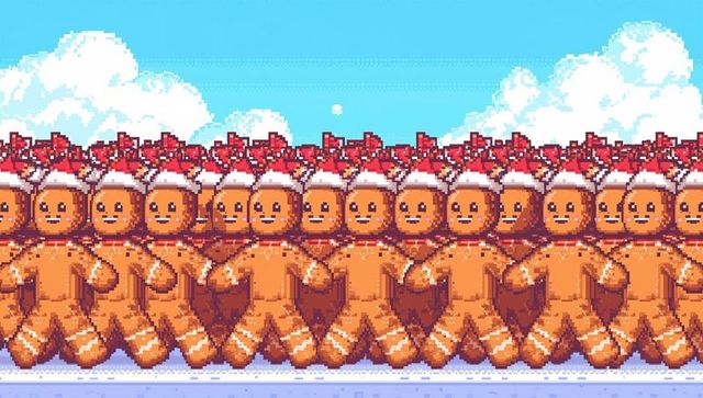 Pixel-art marching gingerbread cookie parade in snow wearing santa hats holiday pattern