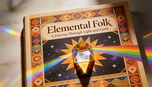 Elemental folk book with prism refracting rainbow across ornate geometric sun motif