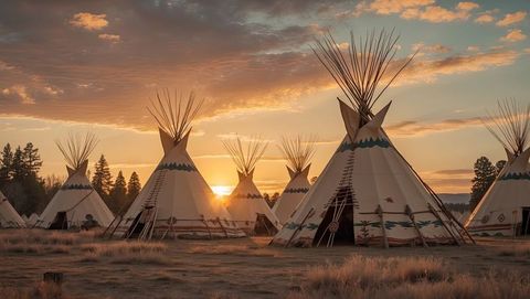 Rustic native american canvas tipis at sunset with painted motifs