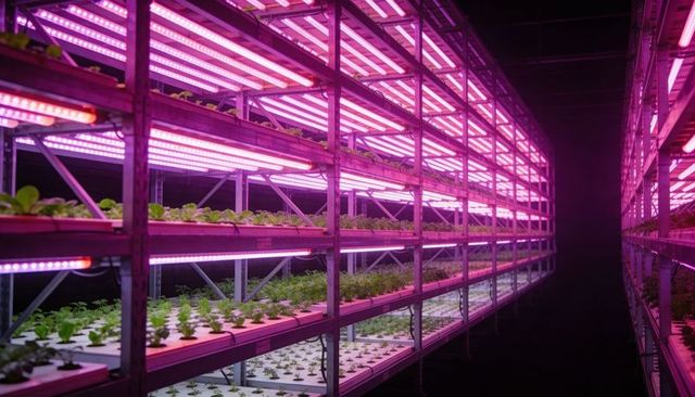 Vertical hydroponic farm glowing with magenta led lights on multi-tier racks in warehouse