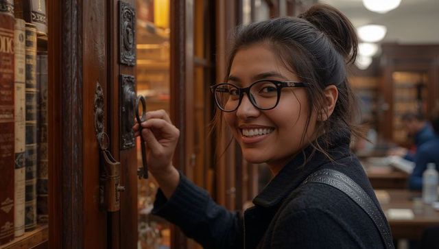Smiling asian student unlocking antique library cabinet with vintage key in historic reading room
