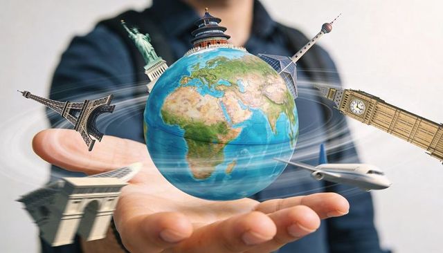 Man wearing navy shirt presenting hovering globe with orbiting landmarks and airplane