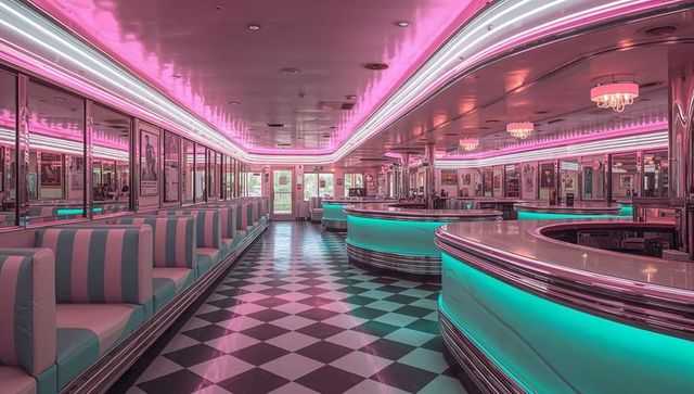 Empty retro diner glowing with pink neon and teal counters, 1950s vintage interior