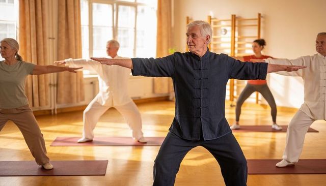 Senior man leading tai chi class in studio, older adults practicing balance and breathing