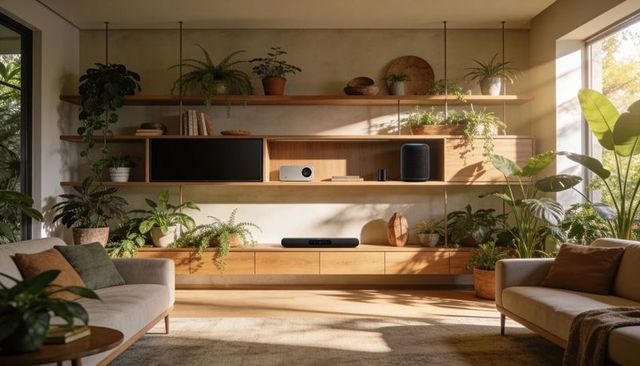 Sunlit midcentury living room with wooden media shelf, projector, soundbar and lush plants