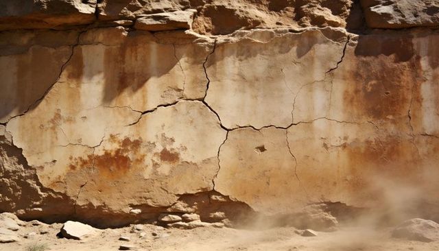 Cracked sandstone cliff face in desert canyon showing erosion, weathering and dust haze