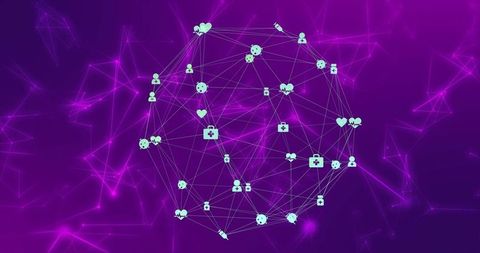 Neon Health Data Network Globe with Connected Medical Icons and Security Visualization