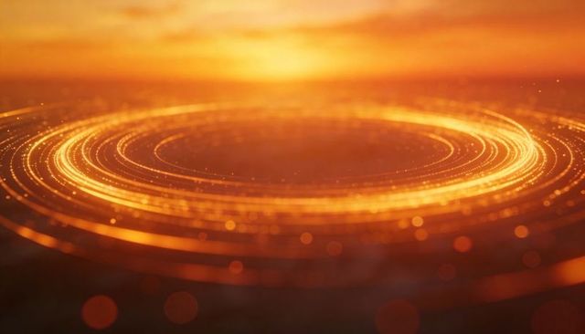 Rotating glowing concentric rings forming circular platform with golden bokeh vortex