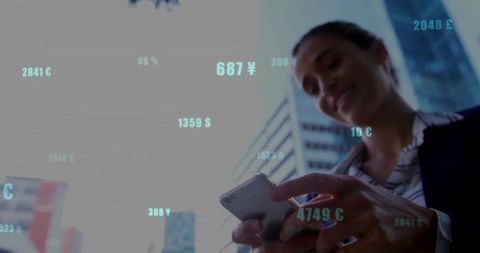 Businesswoman Touching Smartphone Viewing Currency Rates in Urban Setting