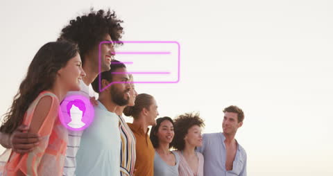 Diverse Friends Enjoying Beach Sunset and Social Media Interaction