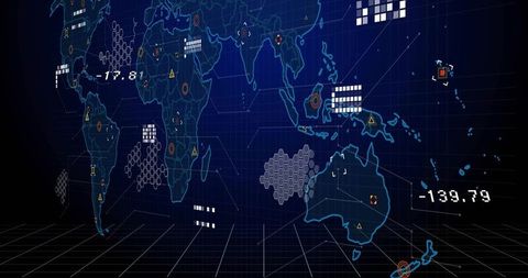 Futuristic World Map Display with Digital Data Visualization