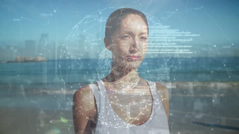 Digital Network Overlay on Woman Meditating on Beach