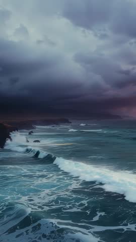 Vertical storm video of rolling waves crashing on rocky cliffs under moody twilight clouds